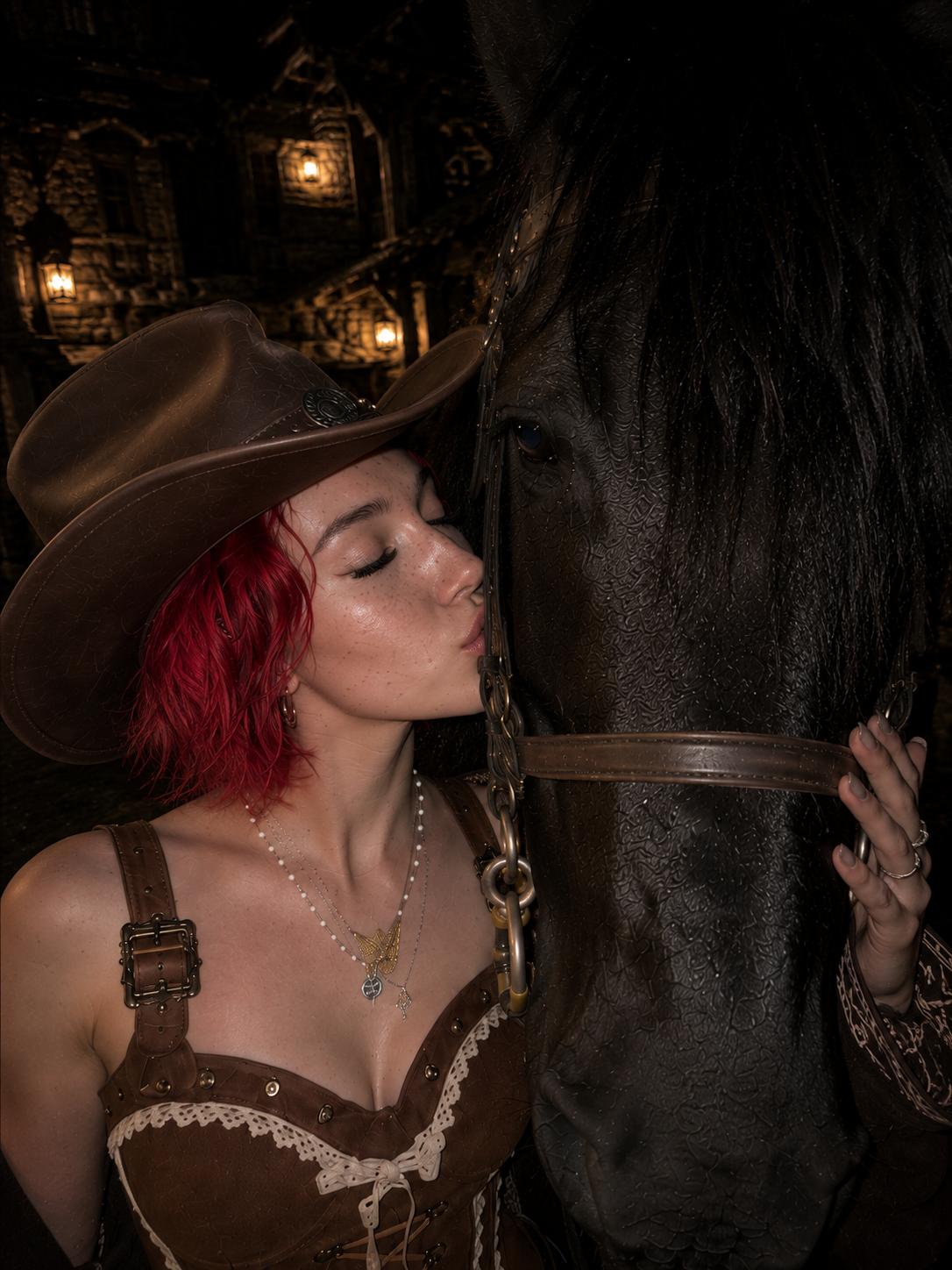 Alice Kwong close to a black horse in a cinematic night portrait