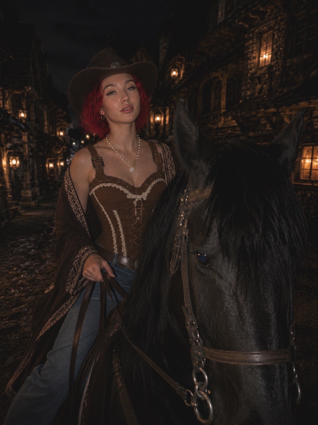Alice Kwong with a black horse in a cinematic night setting
