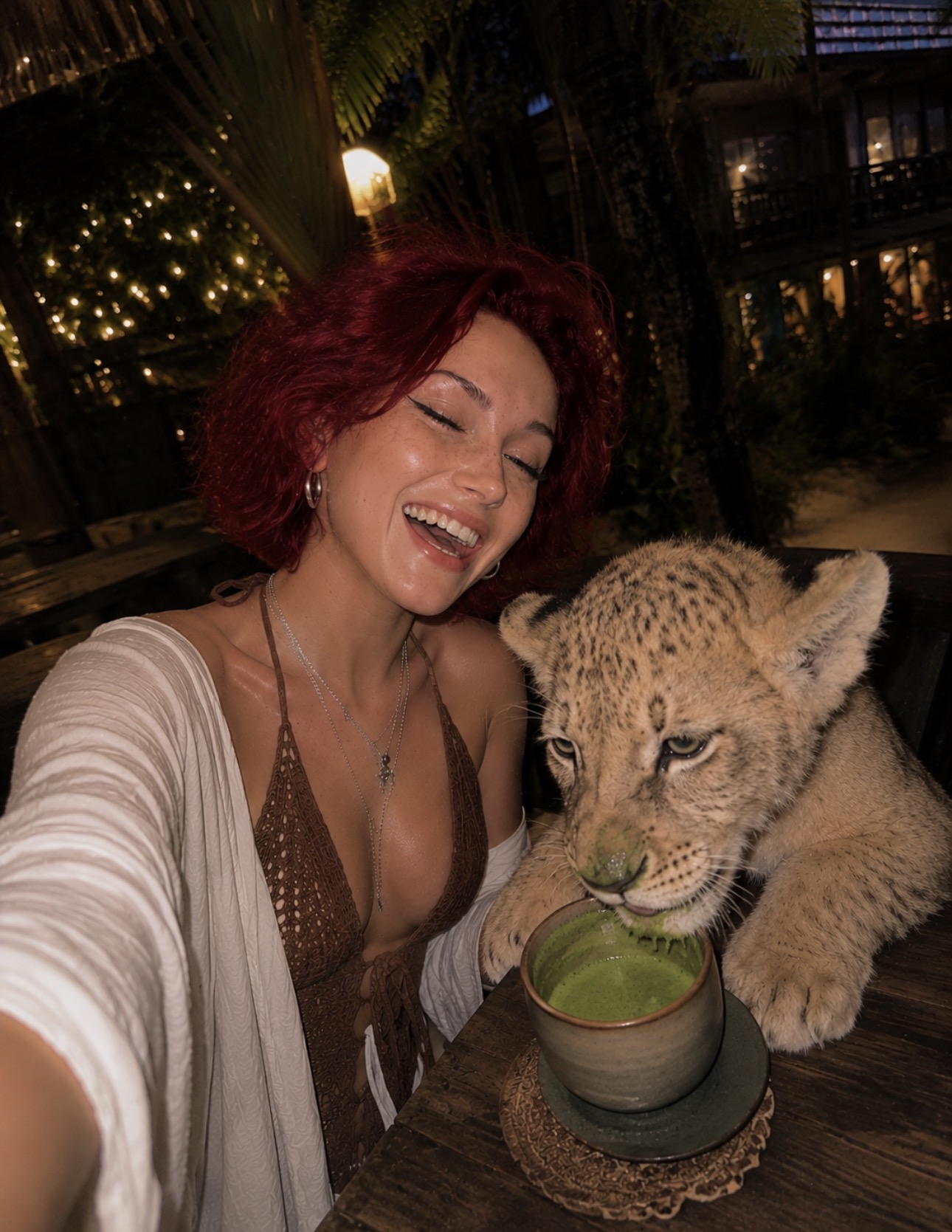 Alice Kwong holding matcha during a candid night out